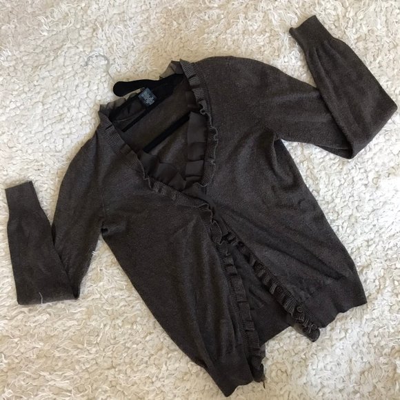 ANN TAYLOR ruffle cardigan XS chocolate brown - Picture 2 of 8
